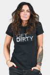 Get Dirty™ Crew Neck Tee in black by Dovetail Workwear, shown on a woman wearing the graphic tee with short sleeves and dark jeans