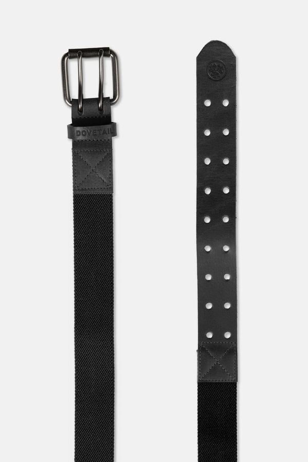 Dovetail Workwear Flex Work Belt in black displayed flat, showing the double-pronged buckle and leather front with elastic back panel