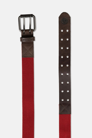 Dovetail Workwear Flex Work Belt displayed flat in Vintage Paprika, showing the double-pronged buckle, leather front, elastic back panel, and adjustment holes.