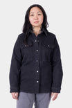 Black Oahe HOTSWAP™ Thermal Denim Work Jacket by Dovetail Workwear with reinforced elbows and multiple pockets, worn by a woman against a neutral background