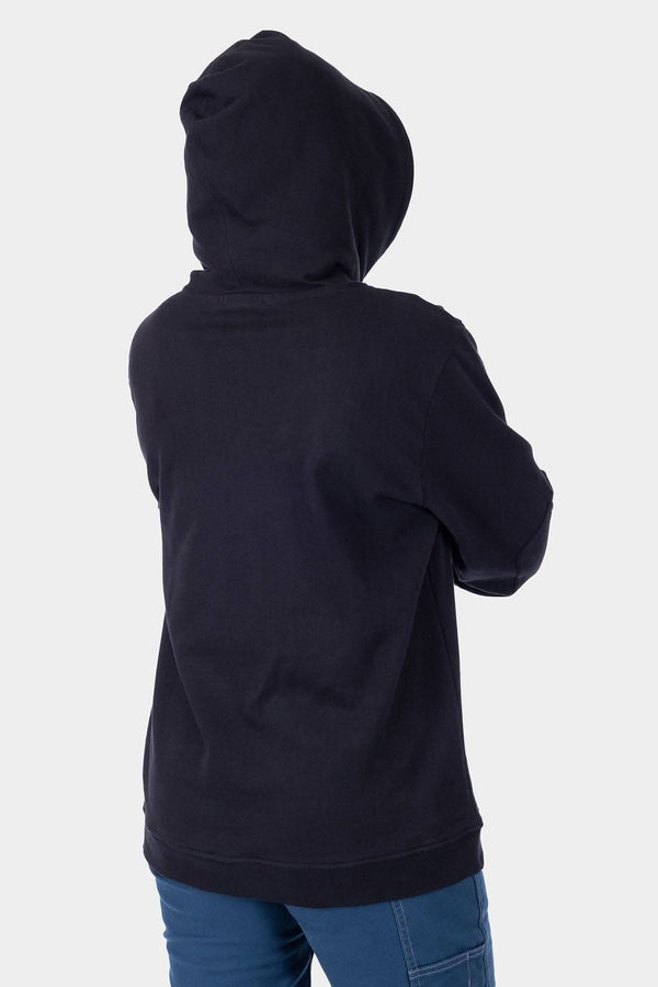 Back view of a woman wearing the Dovetail Workwear GO TO™ Hoodie in Carbon Black, showcasing the relaxed fit and reinforced elbows design