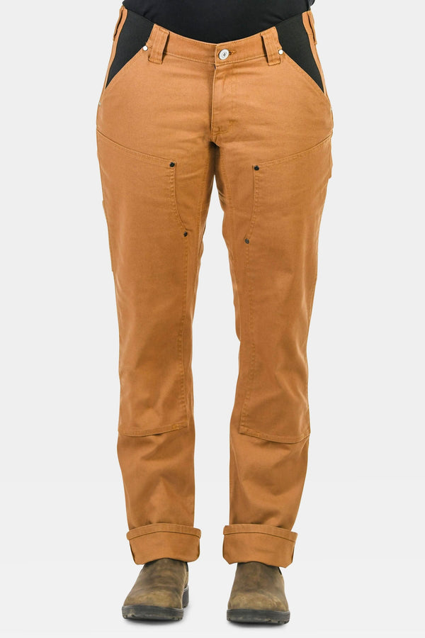 Anna Maternity Work Pants in Saddle Brown Stretch Canvas by Dovetail Workwear, featuring reinforced knees, nested pockets, and relaxed straight leg fit with cuffed hems