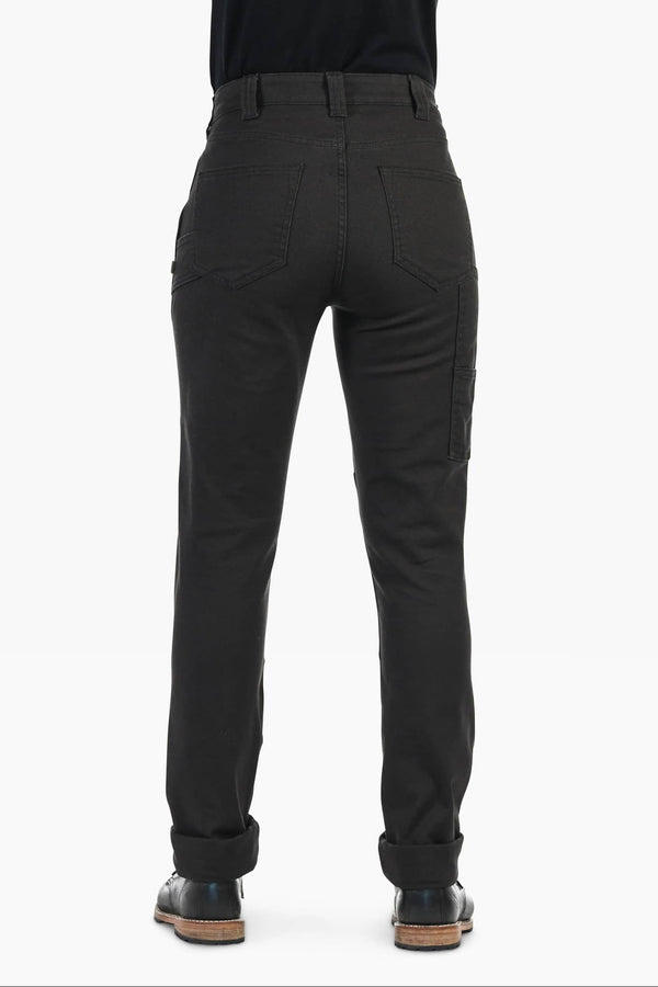 Back view of a woman wearing Dovetail Workwear's GO TO™ Stretch Canvas Pant in Carbon Black, showing the straight leg fit and nested back pockets.