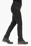 Side view of a woman wearing Dovetail Workwear's GO TO™ Stretch Canvas Pant in Carbon Black, featuring visible tool loop, nested pockets, and articulated knee detail.