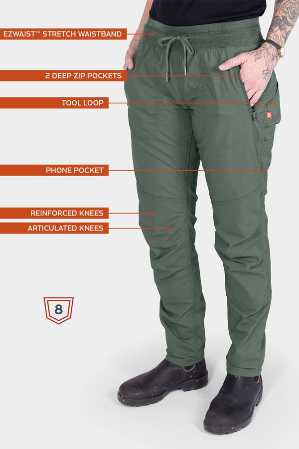 Christa X DIY COOLSWAP™ Pant by Dovetail Workwear in Aventurine Green, featuring labeled EZWaist™ stretch waistband, front zip pockets, tool loop, phone pocket, and reinforced articulated knees