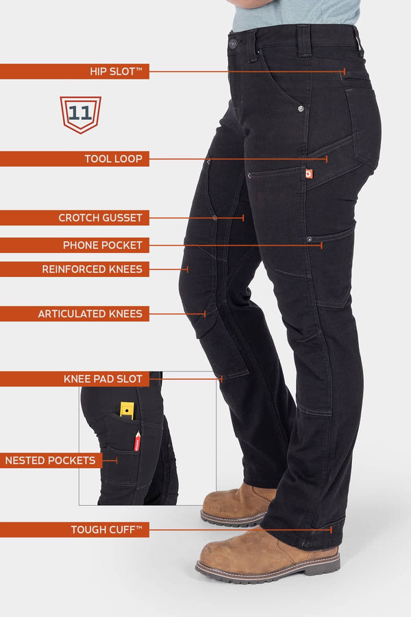 Side view of a woman wearing Dovetail Workwear's Britt Utility Pant in No Fade Black Canvas, highlighting labeled features including Hip Slot™ Zip pocket, tool loop, crotch gusset, phone pocket, reinforced knees, articulated knees, kneepad slot, nested pockets, and tough cuff.