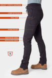 Side view of a woman wearing the Christa X DIY Pant in Black Performance Modal by Dovetail Workwear, highlighting the EZWaist stretch waistband, deep zip pockets, tool loop, phone pocket, and reinforced articulated knees