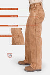 Side view of a woman wearing Dovetail Workwear's Old School Wide Leg Mineral Wash Jeans in Sunbaked Copper, highlighting nested side pockets, oversized coin pockets, tool loop, and phone pocket.