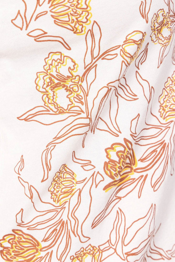 Close-up detail of the Rae Ripple x Dovetail Workwear Love Language T-Shirt in buttermilk, showcasing the iconic hand-drawn metal flower design