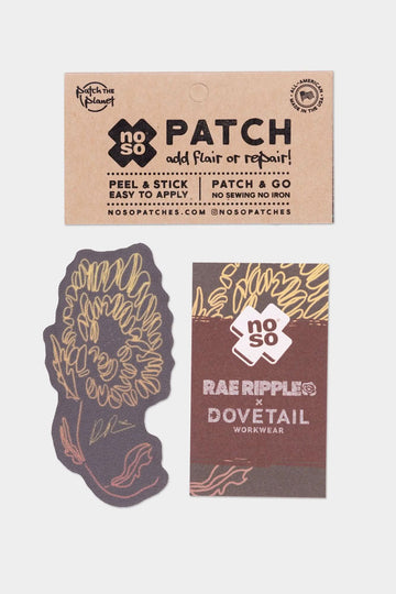 Rae Ripple x NoSo Patch by Dovetail Workwear featuring peel and stick application with intricate line art design on dark fabric, displayed with product packaging