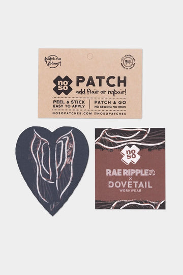 NoSo Patch by Rae Ripple x Dovetail Workwear peel and stick patches featuring winged artwork in black and buttermilk designs for easy fabric repair