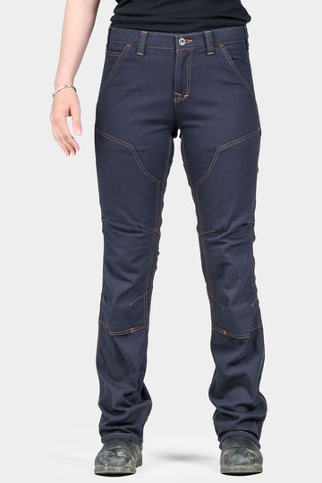 Dovetail Workwear Britt Utility Pant in FR Navy Canvas with reinforced knees and articulated knee design, shown on a woman from waist down