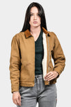 Old School Trucker Canvas Work Jacket in Vintage Brown by Dovetail Workwear, worn by a woman, featuring faux shearling lining and reinforced elbows