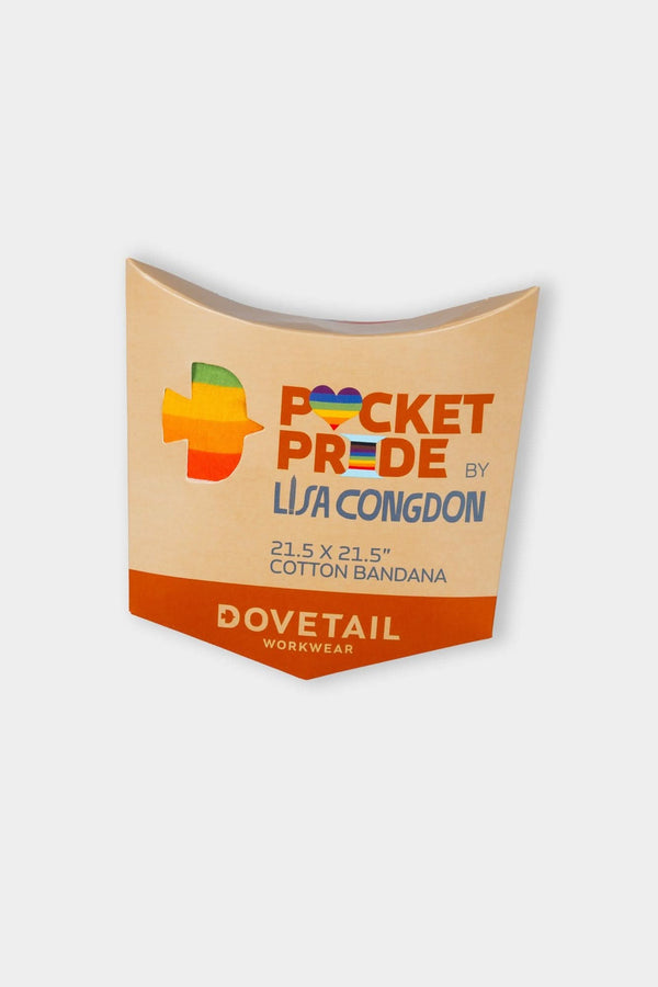Dovetail Workwear's Lisa Congdon Pocket Pride bandana package featuring a colorful rainbow heart design and Progress Pride flag details on a 20" x 20" machine washable cotton bandana.