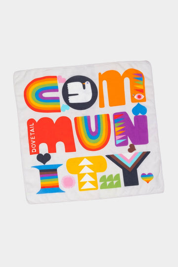 Lisa Congdon's Pocket Pride Bandana by Dovetail Workwear displayed flat, featuring colorful graphics and bold typography celebrating LGBTQ+ pride and diversity