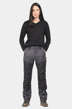 Dovetail Workwear D-Fender Pant in Cement Grey shown on a woman wearing a black long-sleeve v-neck shirt, displaying the straight leg design with reinforced knees and crotch gusset