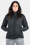 M'fon Jacket in Black by Dovetail Workwear displayed on a woman with hands in pockets, showing the water-resistant softshell exterior and high collar design