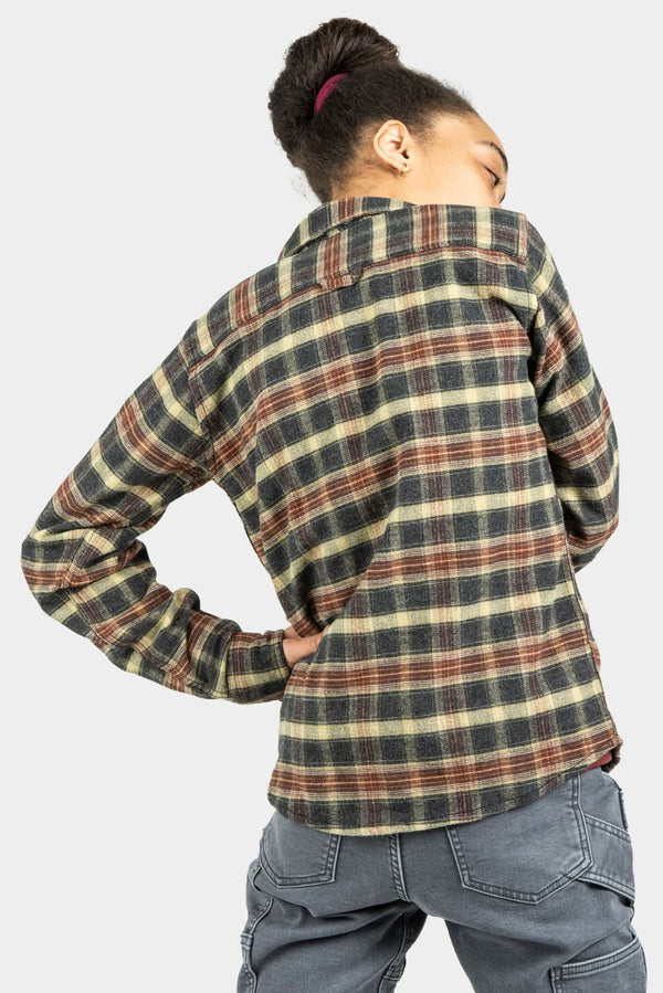 Back view of a woman wearing the Givens Work Shirt in Stretch Flannel in Coffee by Dovetail Workwear, paired with denim jeans