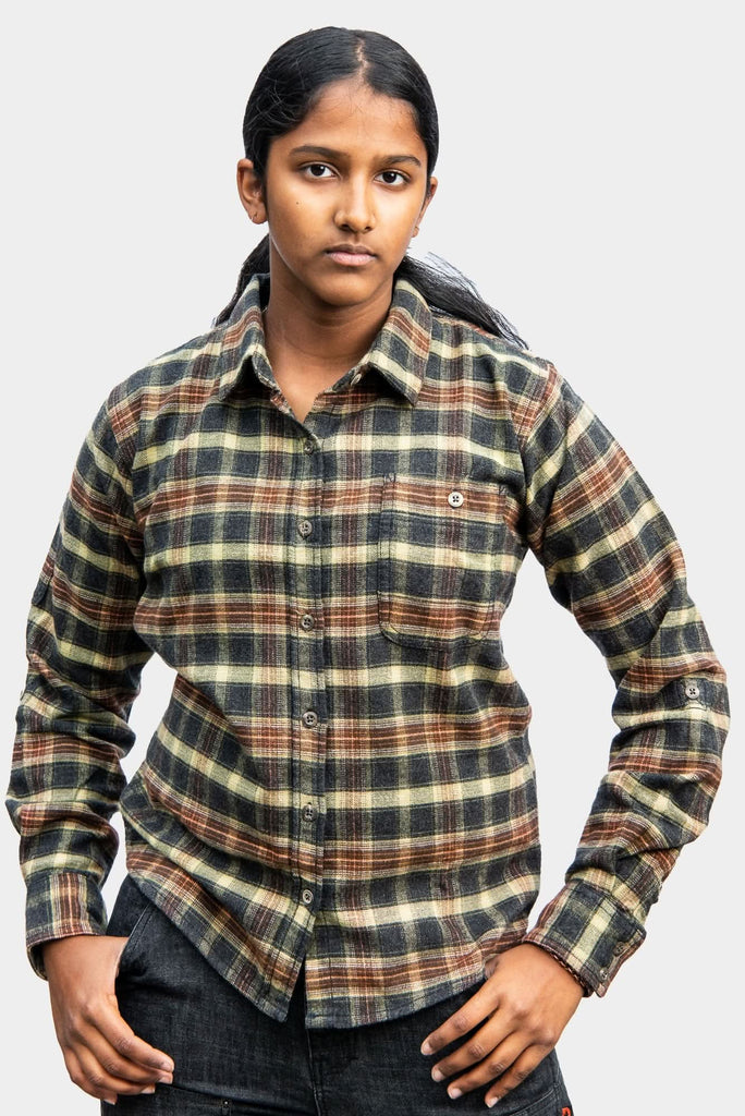 Givens Work Shirt in Stretch Flannel in Coffee plaid by Dovetail Workwear, worn by a woman in a front-facing pose showcasing the shirt's flattering fit and chest pocket detail