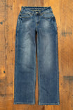 Dovetail Workwear Old School Wide Leg Jeans in Classic Indigo displayed flat on wooden background, showing full-length front view with visible thigh pockets and wide leg silhouette