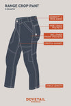 Back view of the Range Crop Pant by Dovetail Workwear showing multiple pockets, EZWaist™ wide band, bellowed front pockets, inset back pockets, crotch gusset, and ankle length cropped hem in navy denim