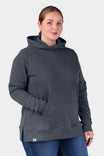 Steel Grey John Deere X Dovetail Workwear Early Bird Hoodie with cowl neck and front pouch pocket, worn by a woman against a white background