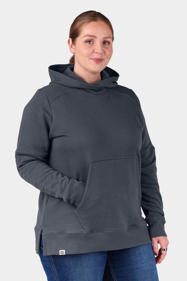 Steel Grey John Deere X Dovetail Workwear Early Bird Hoodie with cowl neck and front pouch pocket, worn by a woman against a white background