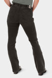 Back view of a woman wearing John Deere X Dovetail Workwear Into Town Bootcut Jeans in Classic Black, showcasing reinforced back pockets and bootcut leg design
