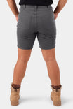 Back view of a woman wearing Dovetail Workwear GO TO™ Stretch Canvas Short in Cement Grey, featuring visible tool loop and nested pockets