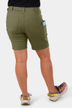 Back view of a woman wearing Dovetail Workwear GO TO™ Stretch Canvas Short in Kelp Green, highlighting the tool loop and pockets