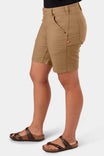 Side view of a woman wearing Dovetail Workwear's GO TO™ Stretch Canvas Short in Sawdust Brown, featuring nested pockets and a tool loop