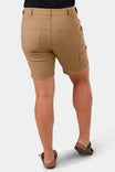 Back view of a woman wearing Dovetail Workwear GO TO™ Stretch Canvas Shorts in Sawdust Brown, showing nested back pockets and mid-rise fit