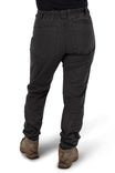 Back view of a woman wearing Dovetail Workwear's Provisions Lightweight Ripstop Cargo Pant in Faded Black, showing cargo pockets and relaxed leg fit with hiking boots
