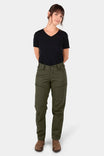 Woman modeling Dovetail Workwear Provisions Lightweight Ripstop Cargo Pant in Moss Green with reinforced pockets, high-rise waist, and relaxed leg fit