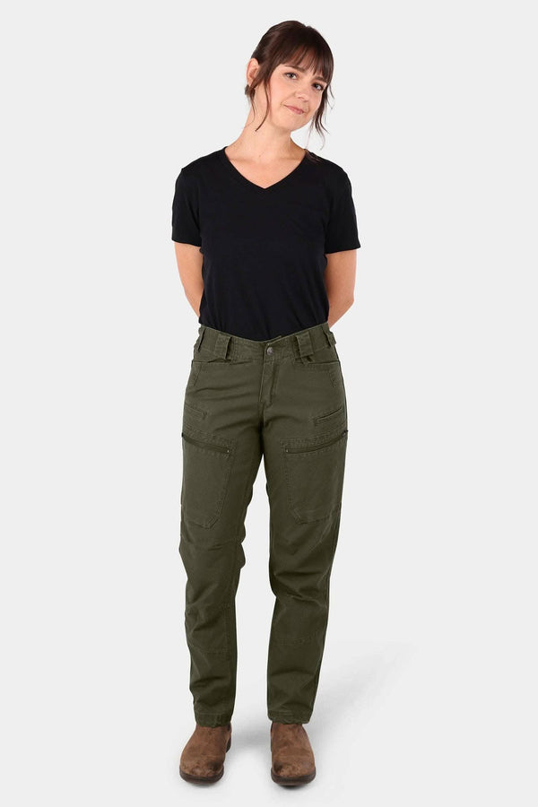 Woman modeling Dovetail Workwear Provisions Lightweight Ripstop Cargo Pant in Moss Green with reinforced pockets, high-rise waist, and relaxed leg fit