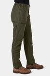 Side view of a woman wearing Dovetail Workwear's Provisions Lightweight Ripstop Cargo Pant in Moss Green, showcasing multiple cargo pockets and relaxed leg fit