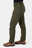 Side view of a woman wearing Dovetail Workwear's Provisions Lightweight Ripstop Cargo Pant in Moss Green, showcasing multiple cargo pockets and relaxed leg fit