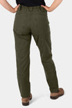 Back view of a woman wearing Dovetail Workwear Provisions Lightweight Ripstop Cargo Pant in Moss Green, showing back calf pockets and relaxed leg fit