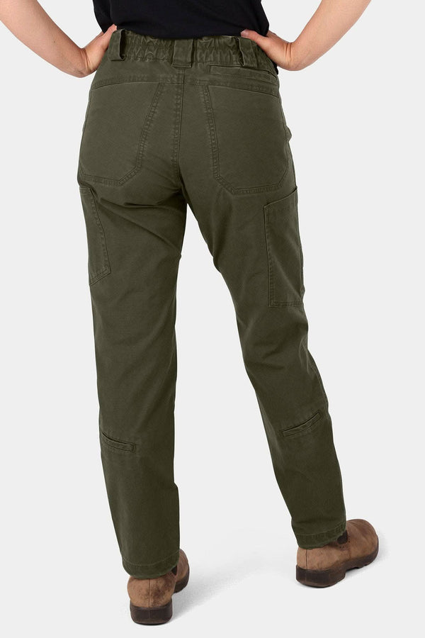 Back view of a woman wearing Dovetail Workwear Provisions Lightweight Ripstop Cargo Pant in Moss Green, showing back calf pockets and relaxed leg fit