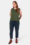 Dovetail Workwear Range Crop Pant in Navy lightweight denim, worn by a woman with a green sleeveless top and brown ankle boots, shown full length from front