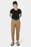 Dovetail Workwear Range Crop Pant in Sawdust Brown lightweight denim worn by a woman with hands in pockets, featuring bellowed front pockets and relaxed leg fit