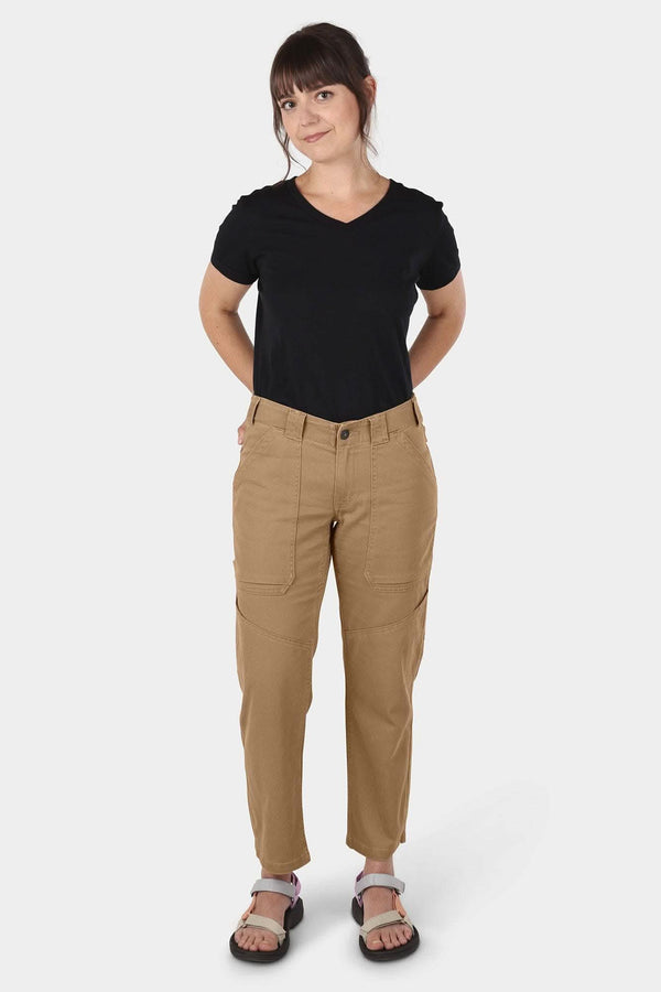 Dovetail Workwear Range Crop Pant in Sawdust Brown lightweight denim worn by a woman with hands in pockets, featuring bellowed front pockets and relaxed leg fit