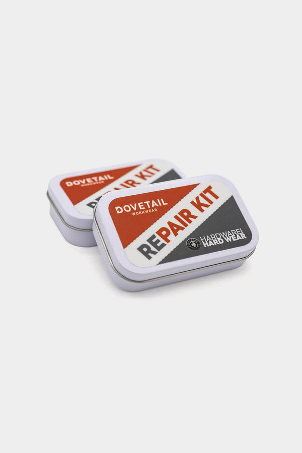 Two Dovetail Workwear Repair Kits displayed in white tins, showing branding with text for hip buttons and clasps hardware repair