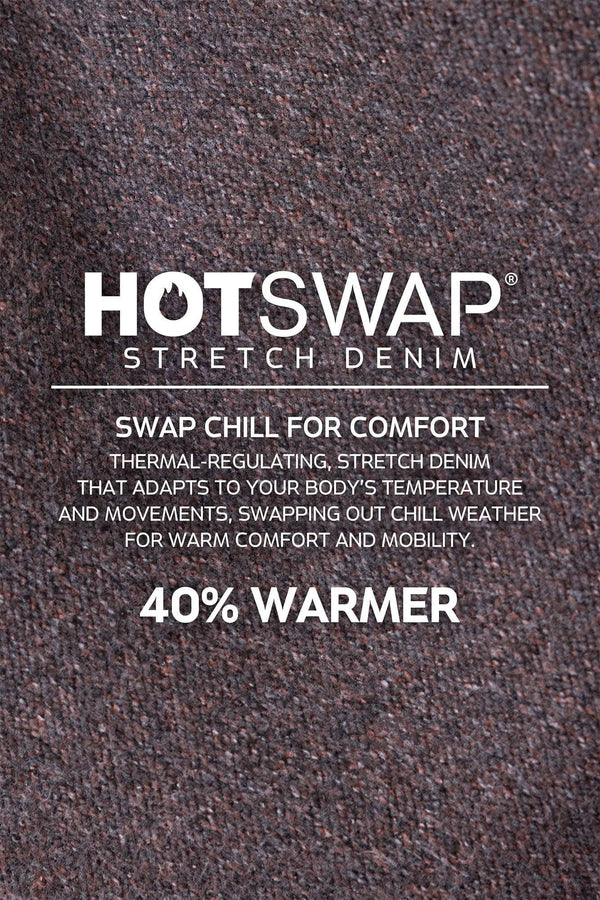 Close-up of grey Maven X HOTSWAP™ Thermal Denim Pant fabric by Dovetail Workwear, showcasing the brushed thermal-regulating stretch denim that's 40% warmer than regular denim