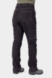 Back view of a woman wearing Dovetail Workwear's Old School High Rise Graphene Denim Pant in Heather Black, showcasing the high-rise fit, straight-leg silhouette, and nested pockets