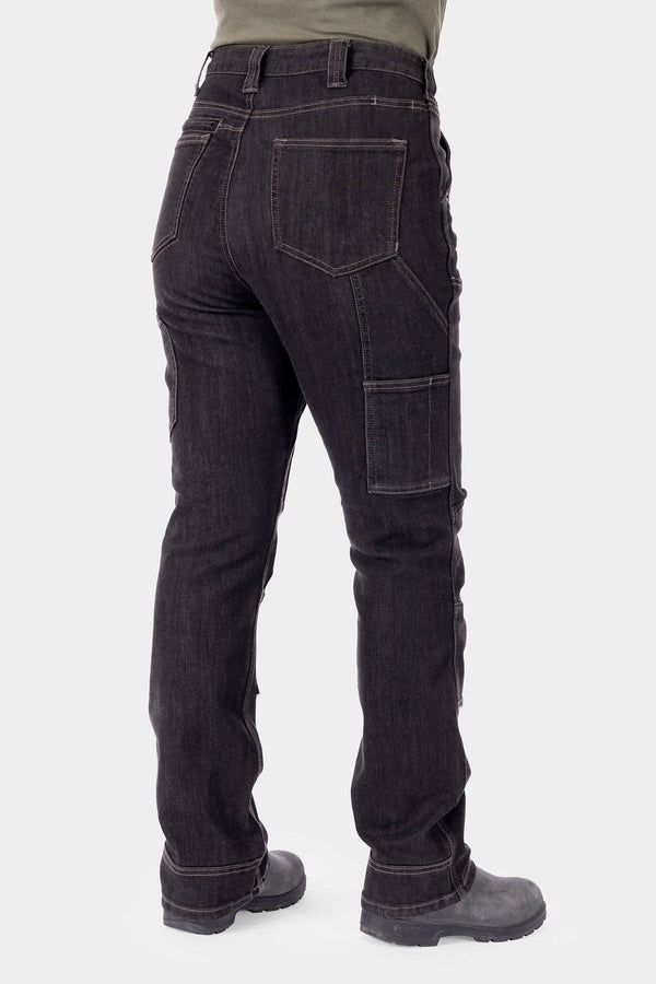 Back view of a woman wearing Dovetail Workwear's Old School High Rise Graphene Denim Pant in Heather Black, showcasing the high-rise fit, straight-leg silhouette, and nested pockets