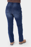 Back view of a woman wearing the Dovetail Workwear Britt X Graphene Denim Pant in indigo, highlighting the cargo-style pockets and straight leg fit with Tough Cuff™ details