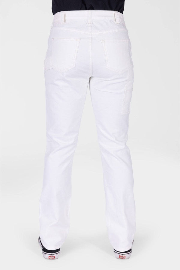 Back view of a woman wearing Dovetail Workwear GO TO™ Stretch Canvas Work Pant in Painter's White, showcasing the nested back pockets and straight-leg silhouette.