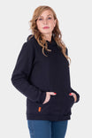 Carbon Black GO TO™ Graphic Hoodie from Dovetail Workwear worn by a woman, featuring reinforced elbows, front kangaroo pocket, and neck snap detail