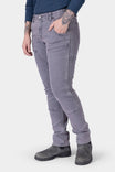 Grey Maven X HOTSWAP™ Thermal Denim Pant by Dovetail Workwear in slim fit, shown on a woman with visible reinforced front pockets and reinforced crotch gusset detail